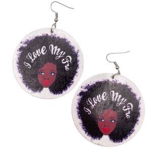 Wooden I Love My Fro Disk Earrings